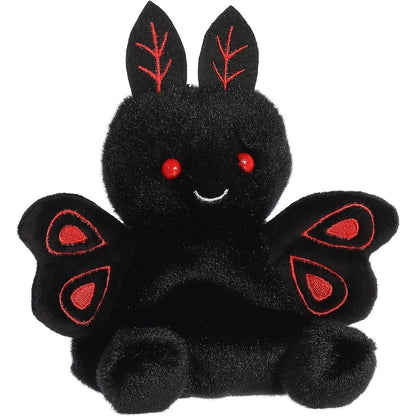 Aurora 5-inch Palm Pals Mortimer Mothman plush toy showing its solid black body, bright red eyes, small white stitched smile, and black wings with red embroidered loop accents.