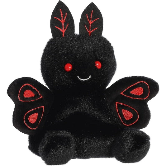 Aurora 5-inch Palm Pals Mortimer Mothman plush toy showing its solid black body, bright red eyes, small white stitched smile, and black wings with red embroidered loop accents.