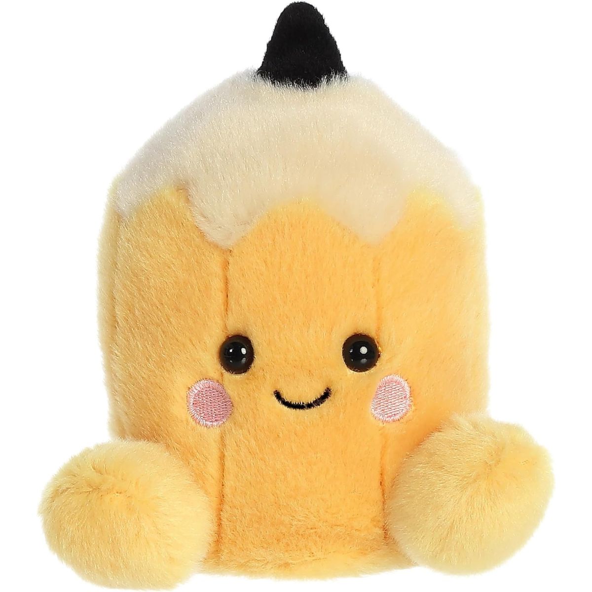 Front view thumbnail of the cute Tike Pencil plush sitting straight, highlighting its tiny yellow plush feet, pink cheeks, and happy embroidered smile.