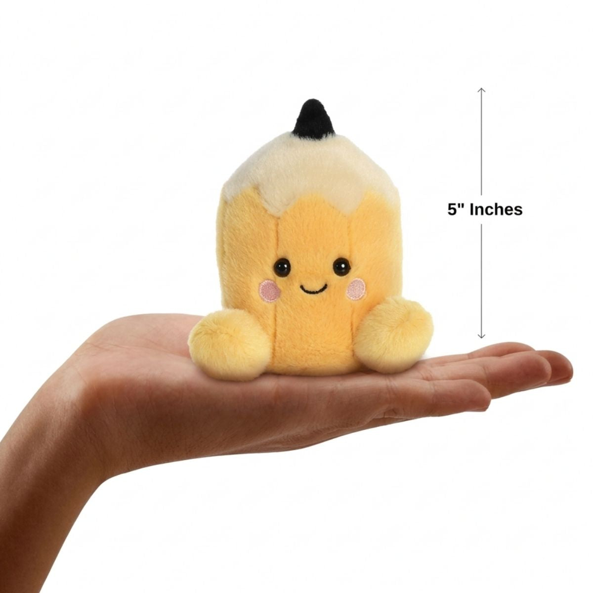 The miniature Tike Pencil plush sitting balanced in an open human hand under a 5-inch height graphic indicator.