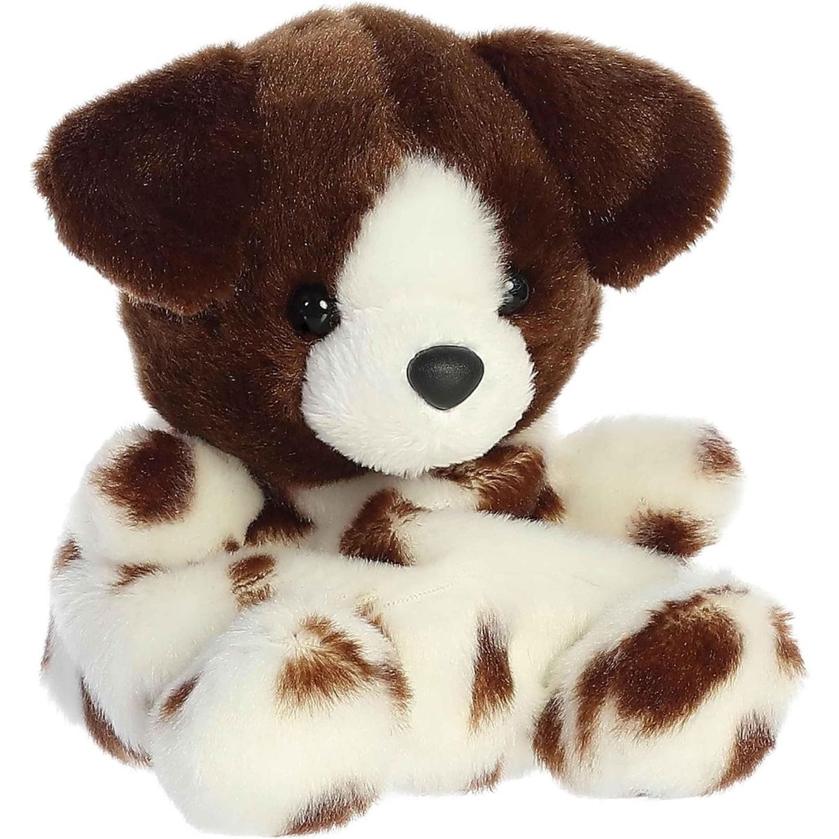 Aurora 5-inch Palm Pals Freckles German Shorthaired Pointer plush toy sitting forward showing its white fur with chocolate brown spots, solid brown head, and white muzzle.