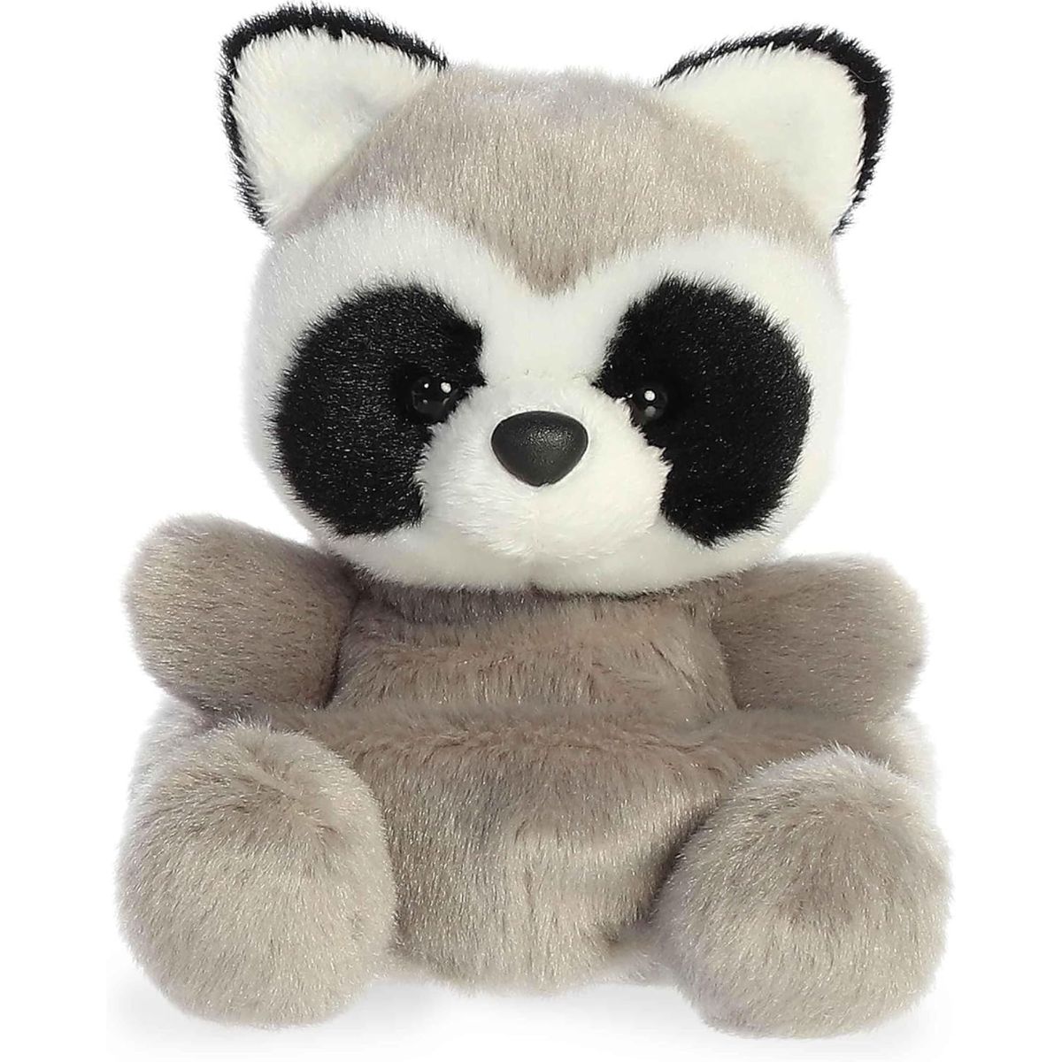 Front view of the adorable Aurora Rascal Raccoon stuffed animal featuring a sweet face, dark eyes surrounded by black patches, and a cute black nose.