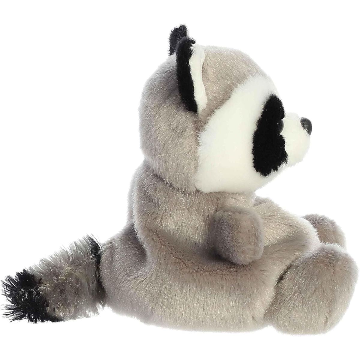 Side profile view of the Palm Pals Raccoon plush highlighting its round, perfectly squishy bean-weighted body and fluffy tail.
