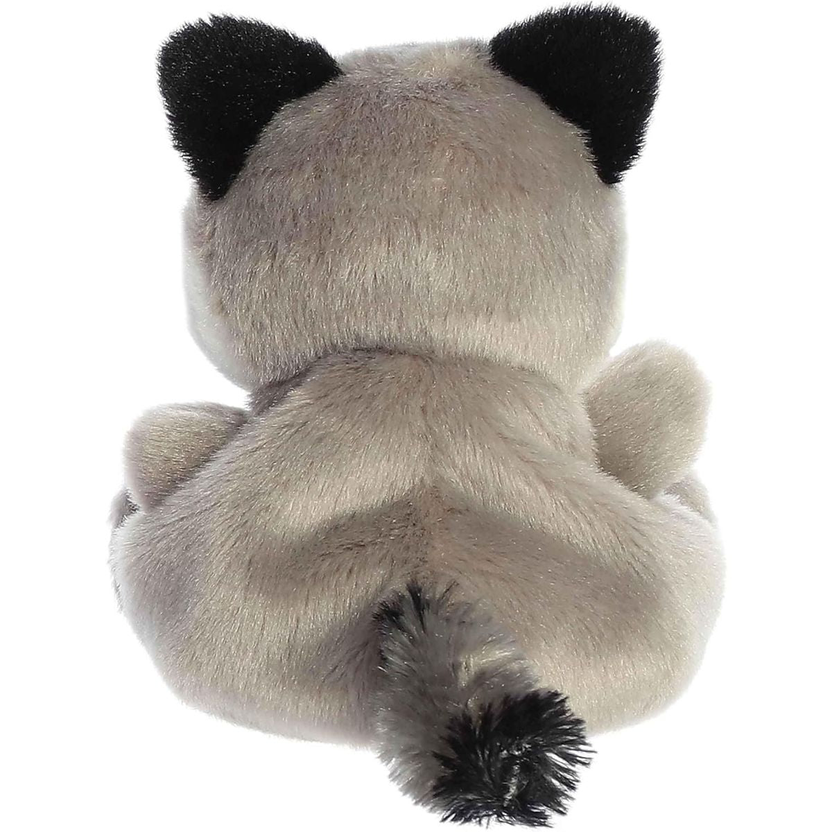 Back view of the Aurora Palm Pals Raccoon plush toy showing its solid soft grey back, black-tipped ears, and tail.