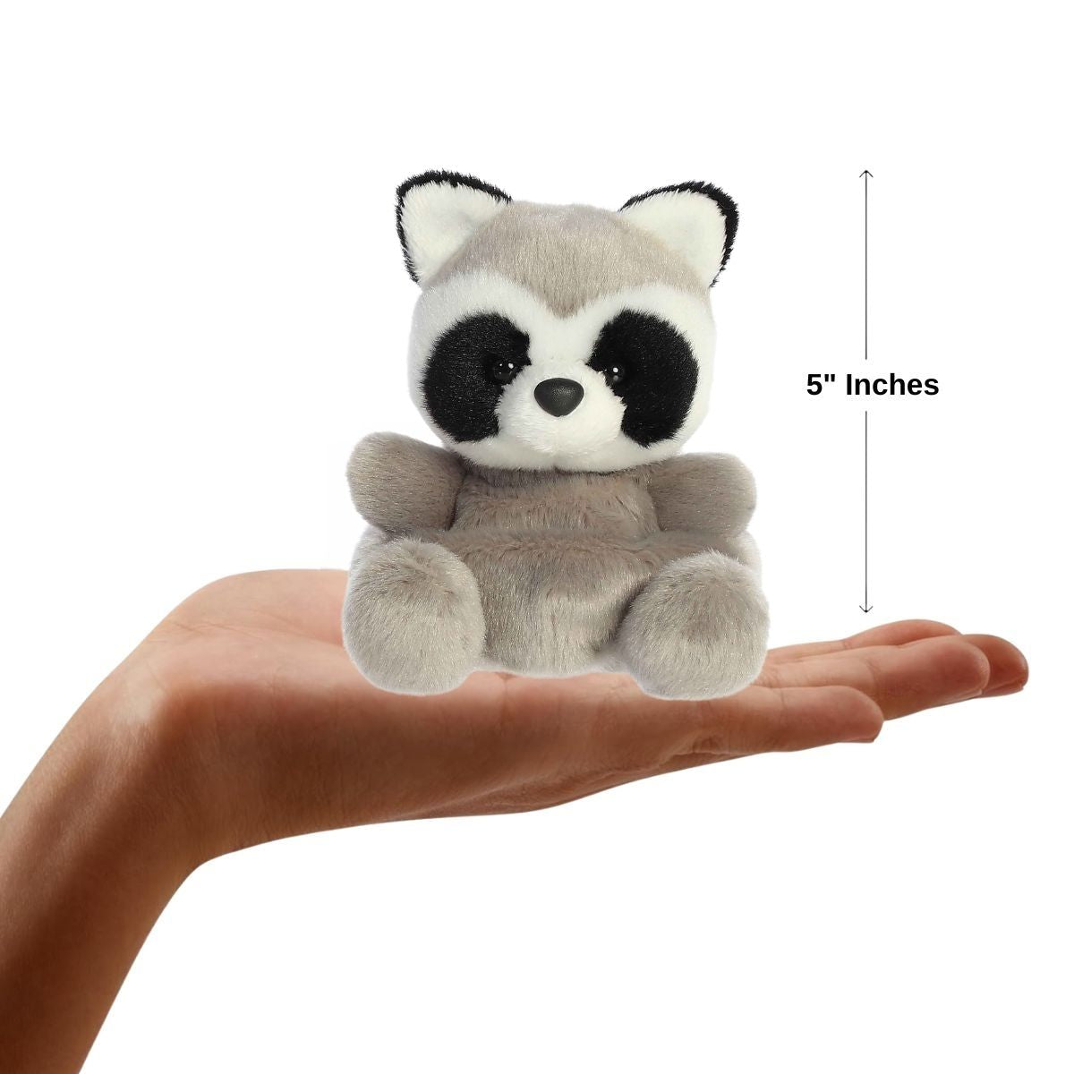 Sizing graphic for the Aurora Palm Pals Rascal Raccoon plush showing it sitting perfectly in the palm of a hand, indicating a total height of 5 inches.
