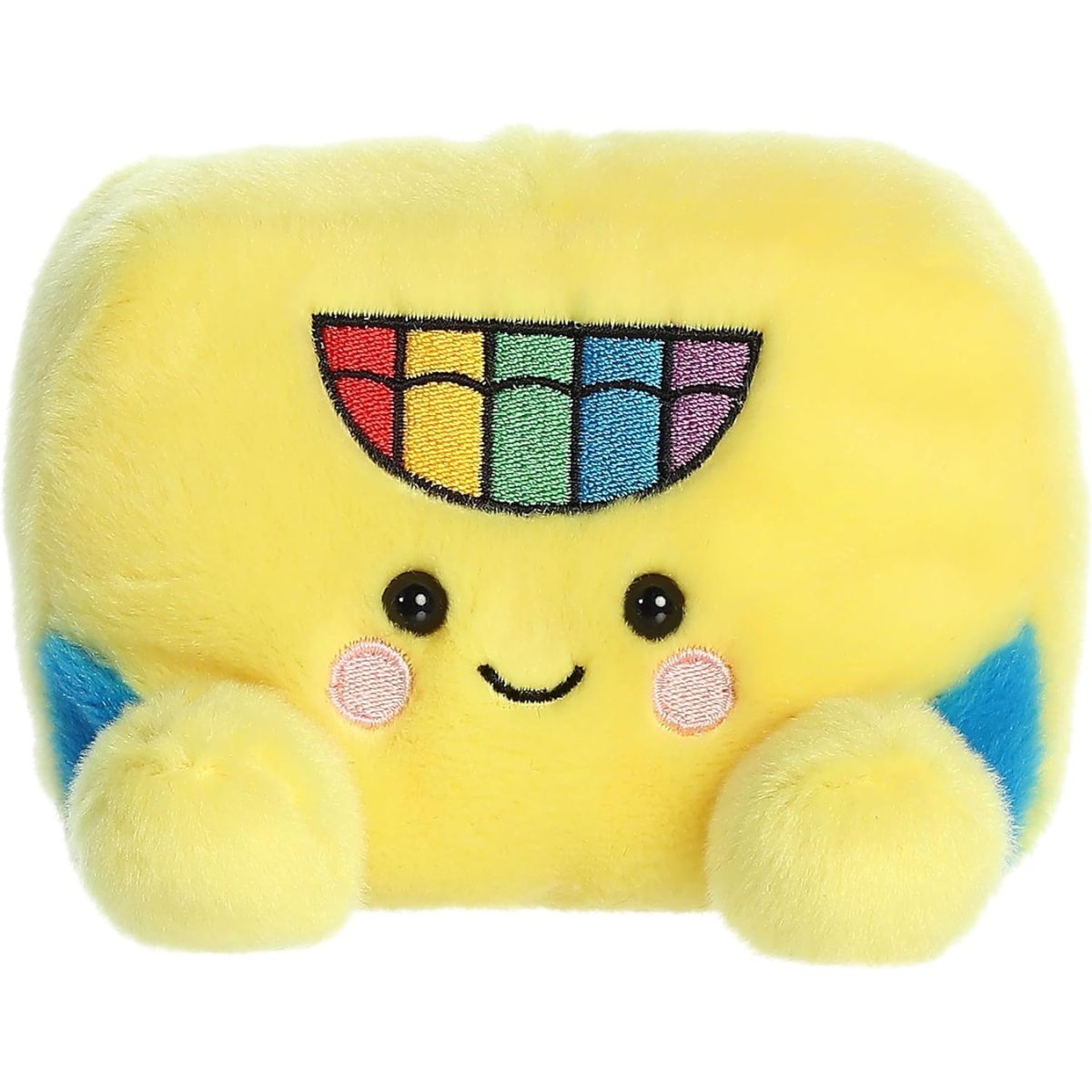 Front view thumbnail of the cute Doodle Crayon Box plush sitting straight, highlighting its tiny yellow plush feet, pink cheeks, and happy embroidered smile.