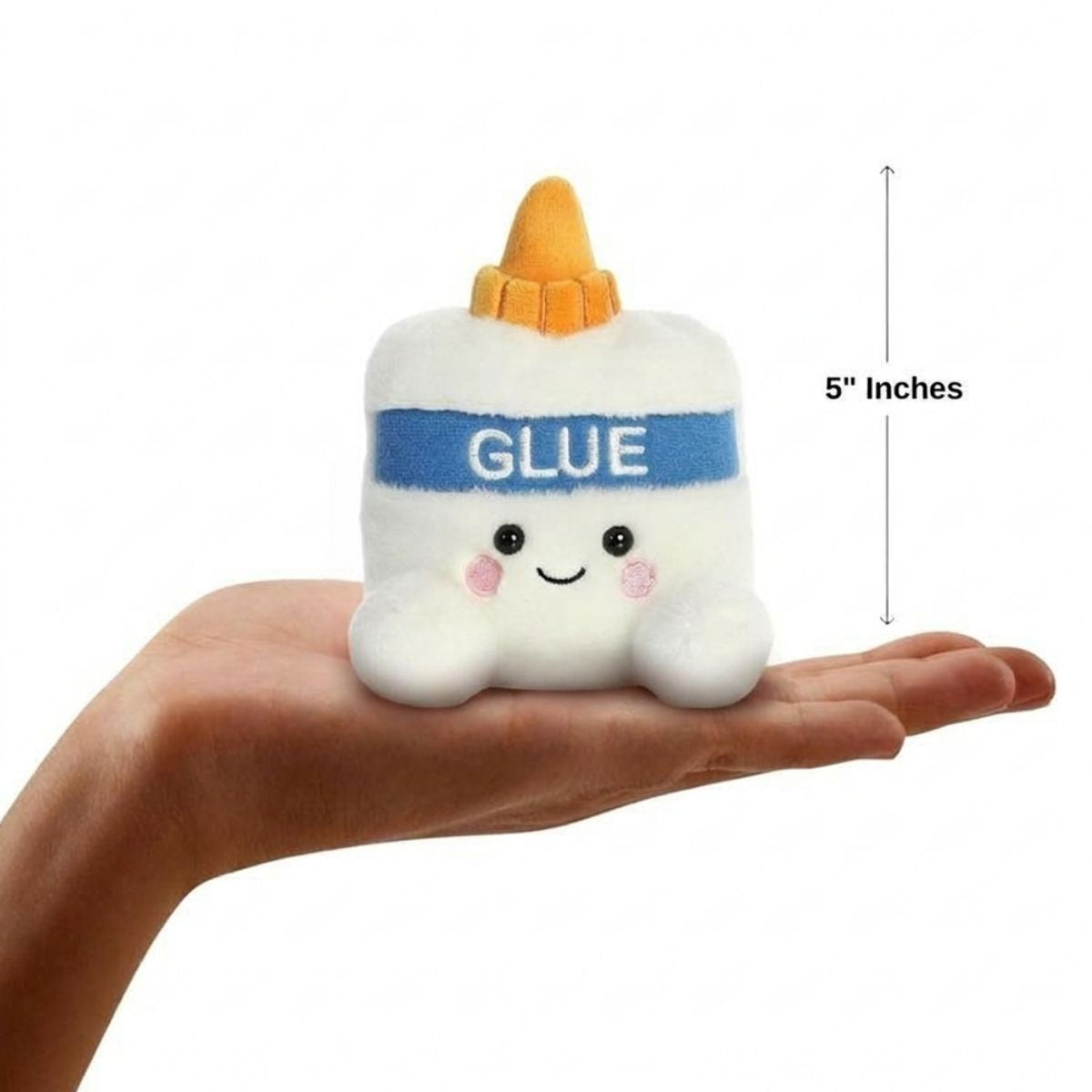 The miniature Doodle Gooey Glue plush sitting balanced in an open human hand under a 5-inch height graphic indicator.