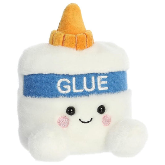 Aurora 5-inch Palm Pals Doodle Gooey Glue plush toy showing its white bottle shape, orange twist nozzle cap, blue label with white "GLUE" embroidery, and a cute smiling face.