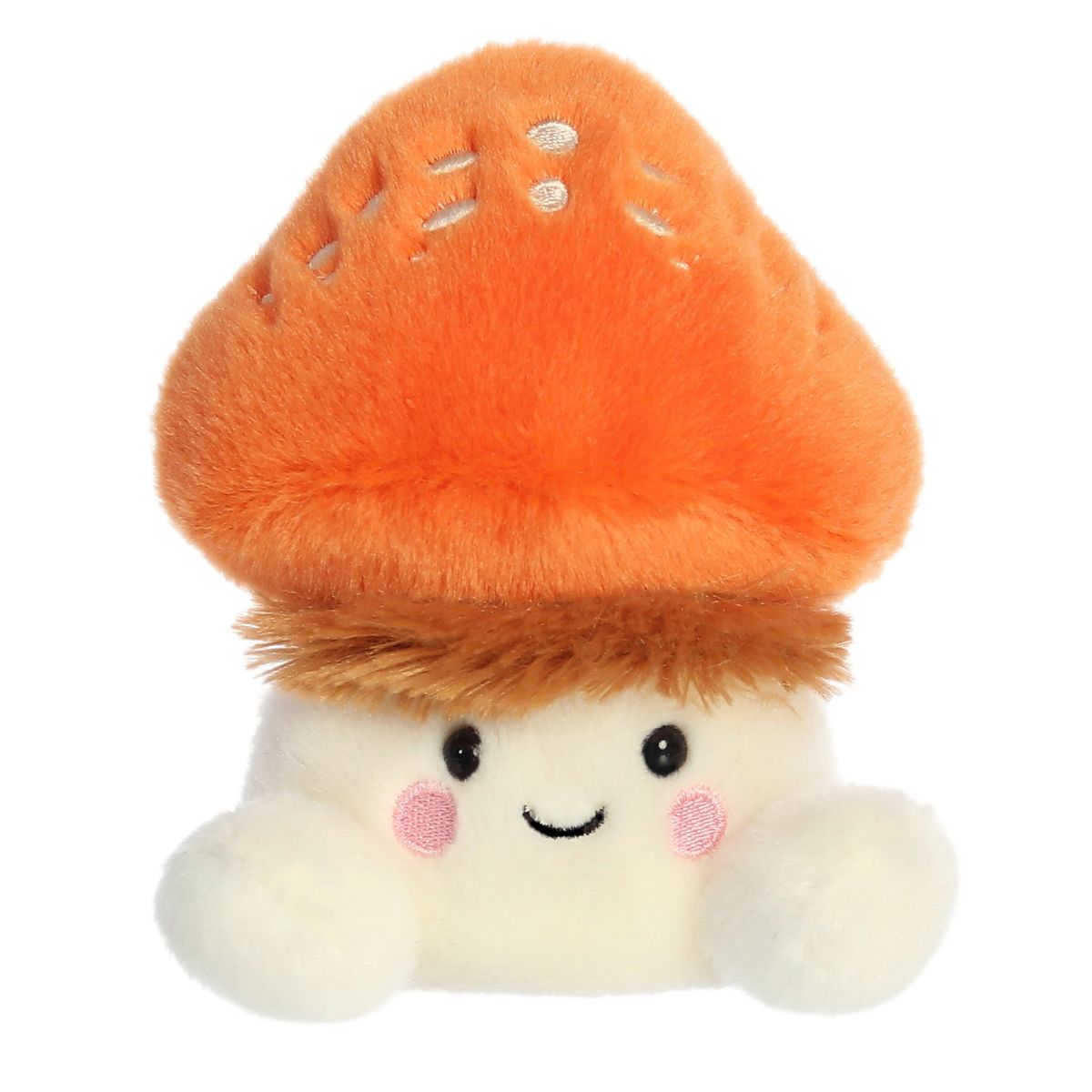 Front view thumbnail of the cute Fabian Mushroom plush sitting straight, highlighting its symmetrical cream feet, blushing pink cheeks, and happy embroidered smile.