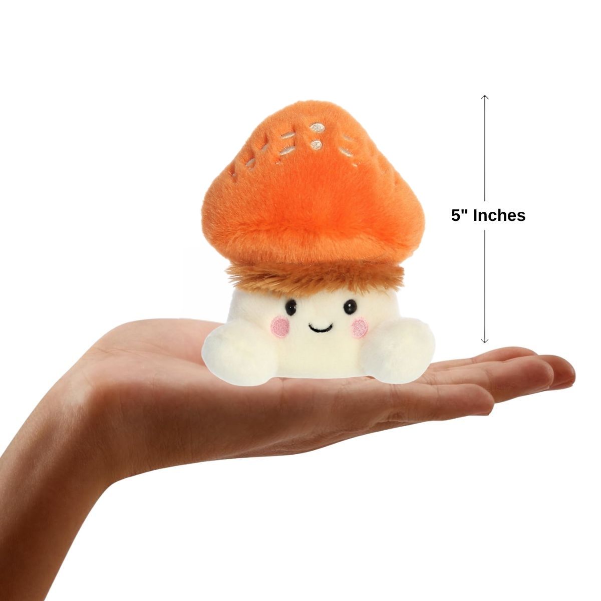 The miniature Fabian Fluffy Mushroom plush sitting balanced in an open human hand under a 5-inch height graphic indicator.