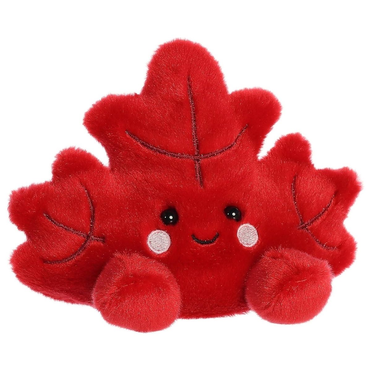 Aurora 5-inch Palm Pals Fall Maple Leaf plush toy showing its crimson-red maple leaf body, detailed embroidered vein lines, and a cute smiling face.