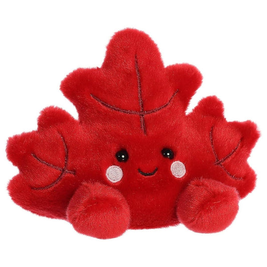 Aurora 5-inch Palm Pals Fall Maple Leaf plush toy showing its crimson-red maple leaf body, detailed embroidered vein lines, and a cute smiling face.
