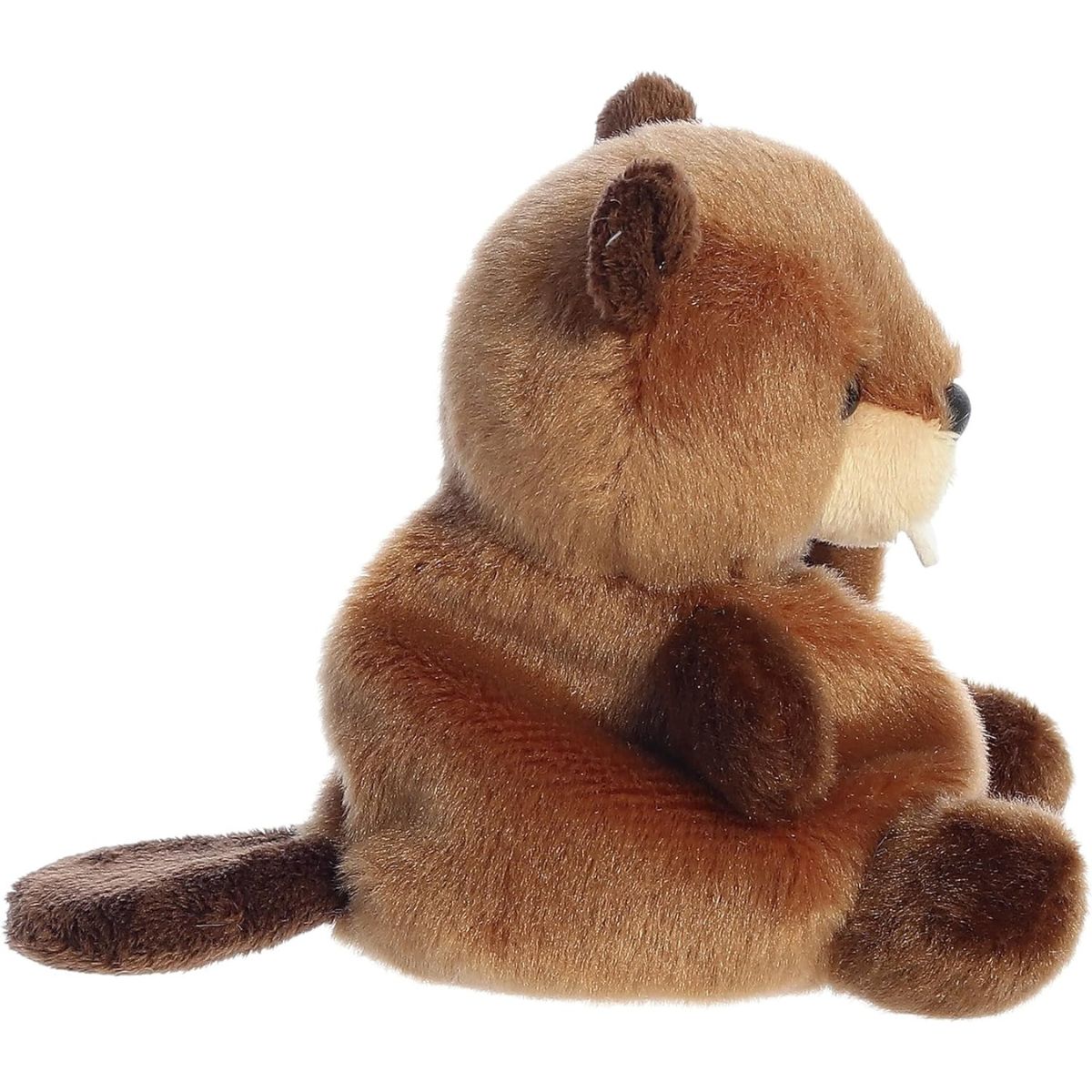 Side profile thumbnail of the mini beaver plush showcasing its rounded shape, dark brown paws, and flat paddle-like tail.