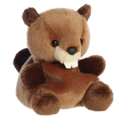 Aurora 5-inch Palm Pals Chewy Beaver plush toy showing its medium-brown body, cream muzzle with two white buck teeth, and dark brown paws.