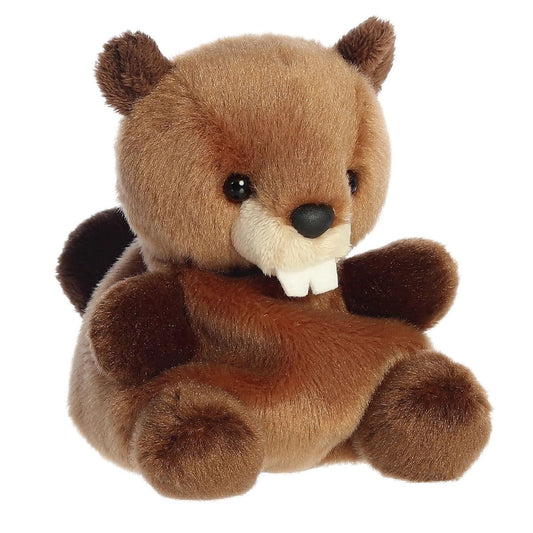 Aurora 5-inch Palm Pals Chewy Beaver plush toy showing its medium-brown body, cream muzzle with two white buck teeth, and dark brown paws.