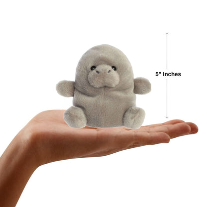 Sizing graphic for the Aurora Palm Pals Blubs Manatee plush showing it sitting perfectly in the palm of a hand, indicating a total height of 5 inches.