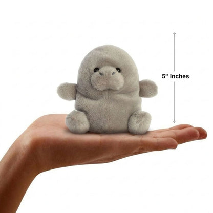 Sizing graphic for the Aurora Palm Pals Blubs Manatee plush showing it sitting perfectly in the palm of a hand, indicating a total height of 5 inches.