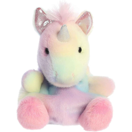 Straight-on front view of the soft pastel Palm Pals unicorn stuffed animal featuring pink hooves and a fluffy pink mane.