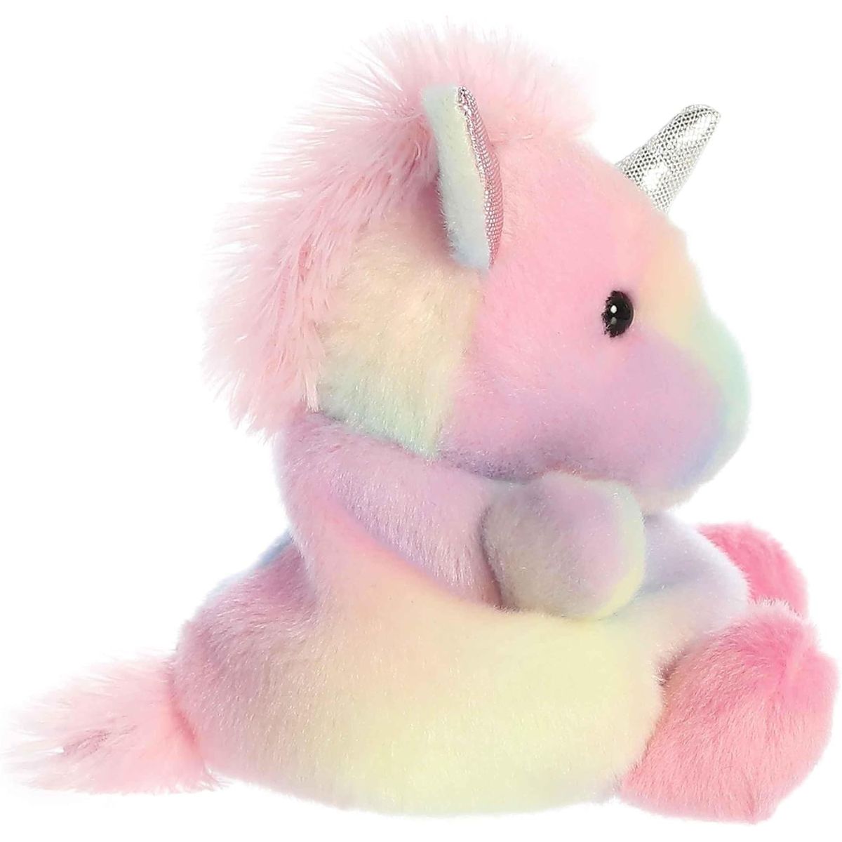 Side profile of the Aurora Palm Pals Sorbet Unicorn plush highlighting its shiny horn, fluffy mane, and tail.