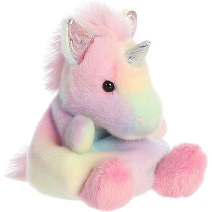 Angled front view of the 5-inch Aurora Palm Pals Sorbet Unicorn pastel rainbow plush toy with a silver horn.