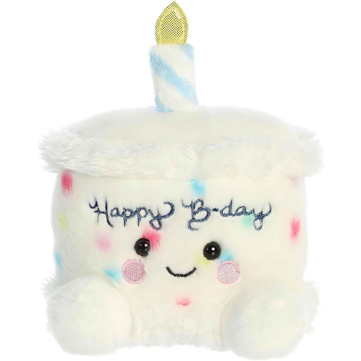 Straight-on front view of the soft white Palm Pals birthday cake plush featuring colorful sprinkles and "Happy Bday" embroidery.