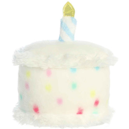 Direct back view of the cuddly Palm Pals birthday cake stuffed animal showing its colorful polka dot sprinkles.
