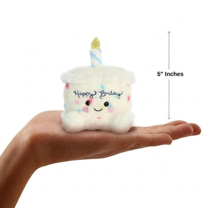 Dimension graphic showing the 5-inch Aurora Palm Pals Happy Bday Birthday Cake resting comfortably in a person's hand.
