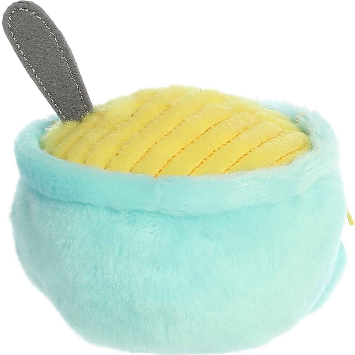 Rear view thumbnail of the Aurora chicken soup stuffed toy displaying its smooth, solid mint-green plush bowl backing and the top of the gray spoon.