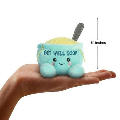 The miniature Welly Chicken Soup plush sitting balanced in an open human hand under a 5-inch height graphic indicator.