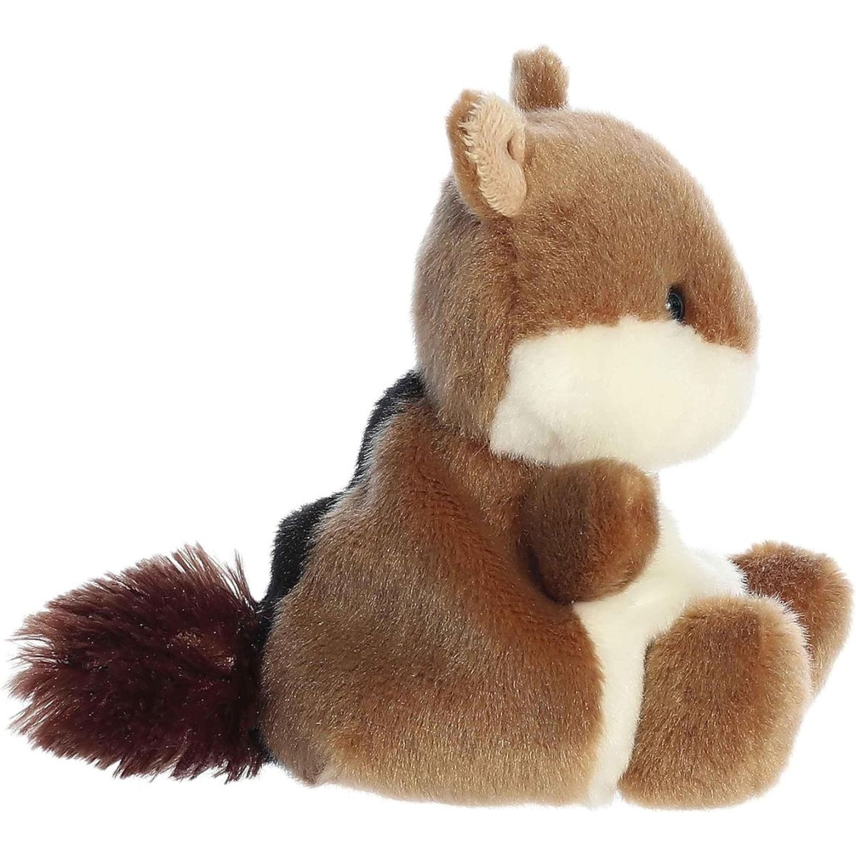 Side profile thumbnail of the mini chipmunk plush highlighting its upright seated posture, cream jawline, and fluffy dark brown tail.