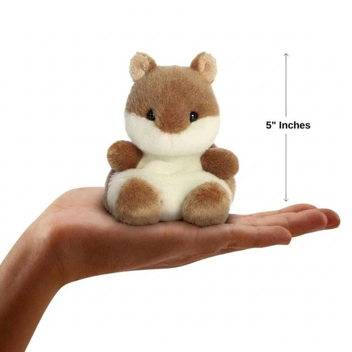 The miniature Chestnut Chipmunk plush sitting balanced in an open human hand under a 5-inch height graphic indicator.