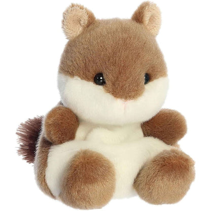 Aurora 5-inch Palm Pals Chestnut Chipmunk plush toy sitting forward showing its warm brown coat, creamy white cheeks and belly, and dark safety eyes.