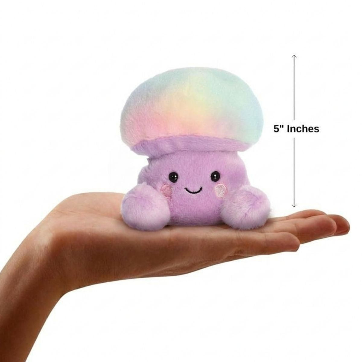The miniature Lunette Mushroom plush sitting balanced in an open human hand under a 5-inch height graphic indicator.
