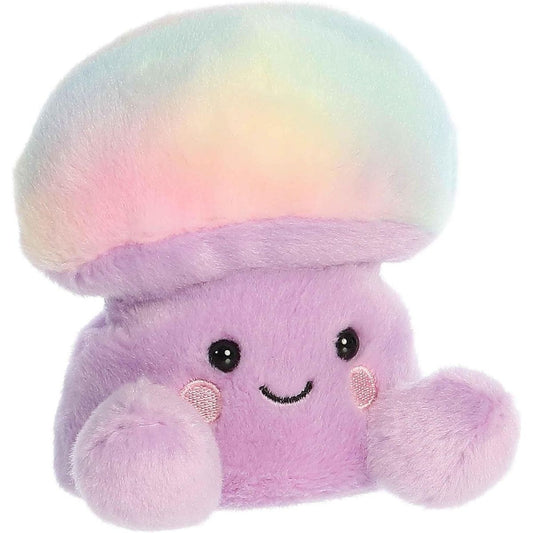 Aurora 5-inch Palm Pals Lunette Mushroom plush toy showing its pastel rainbow gradient mushroom cap, lavender stem body, and sweet smiling face with blushing cheeks.