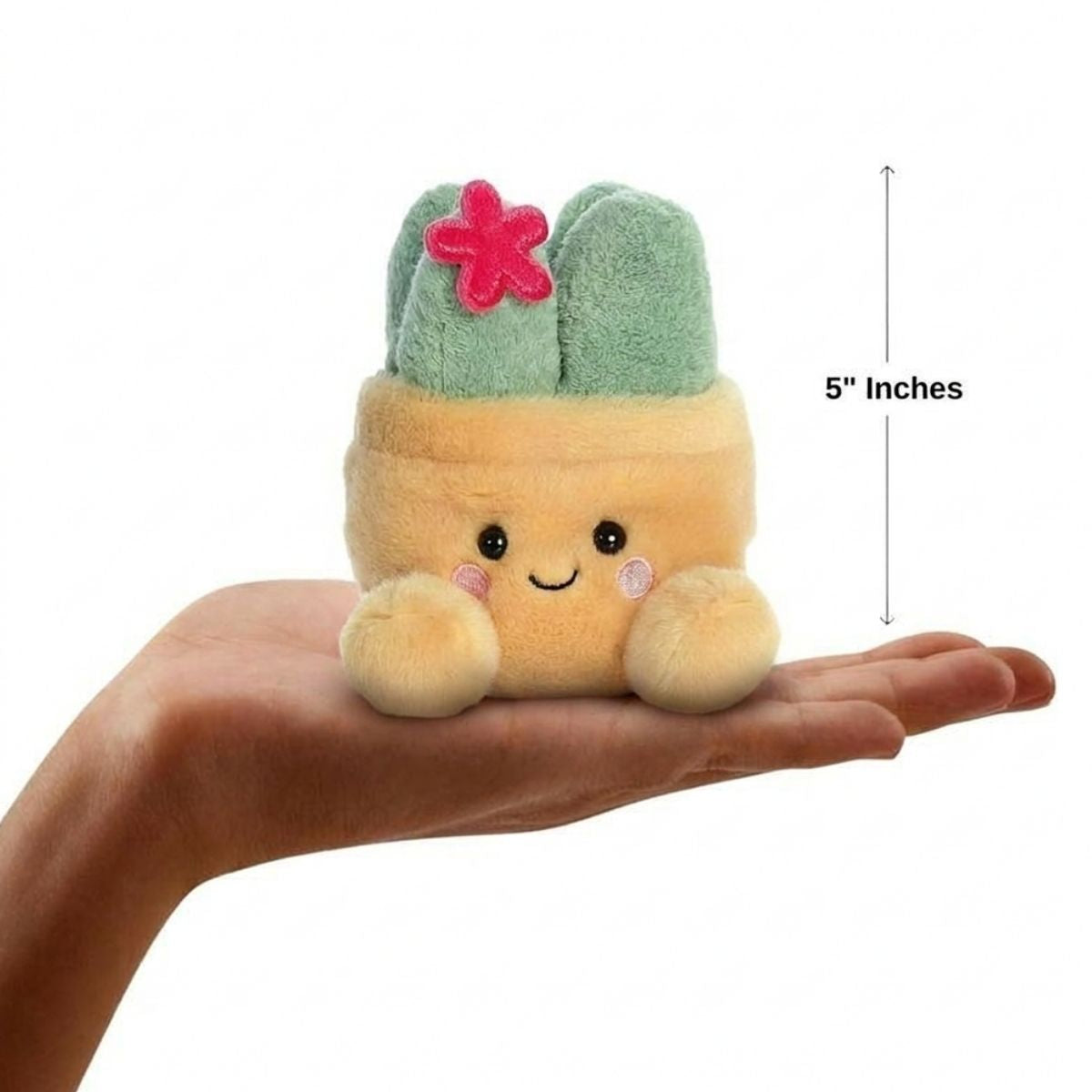The miniature Seyla Succulent plush sitting balanced in an open human hand under a 5-inch height graphic indicator.
