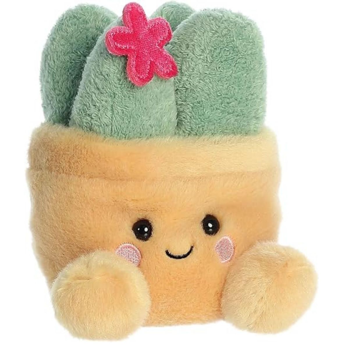 Aurora 5-inch Palm Pals Seyla Succulent plush toy showing its light tan pot body with a smiling face, blushing cheeks, sage green succulent leaves, and a tiny pink flower on top.