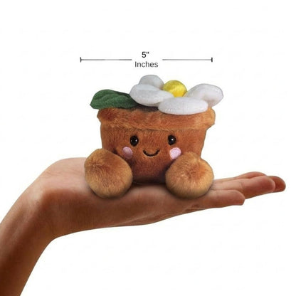 The miniature Junie Daisy plush sitting balanced in an open human hand under a 5-inch height graphic indicator.