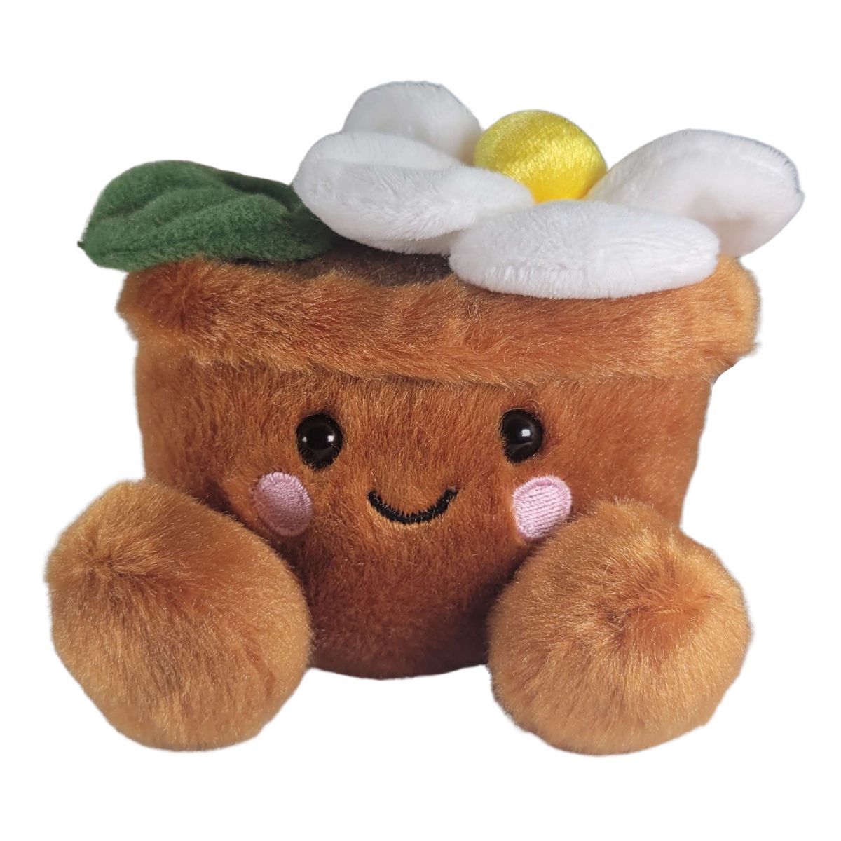 Aurora 5-inch Palm Pals Junie Daisy plush toy showing its terracotta-brown flower pot body with a smiling face, rosy cheeks, and a large white daisy blooming on top with a green leaf.