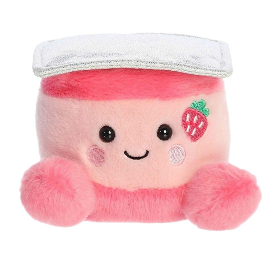 Front view thumbnail of the cute Yona Strawberry Yogurt plush sitting straight, highlighting its friendly expression, blushing pink cheeks, and small hot pink feet.