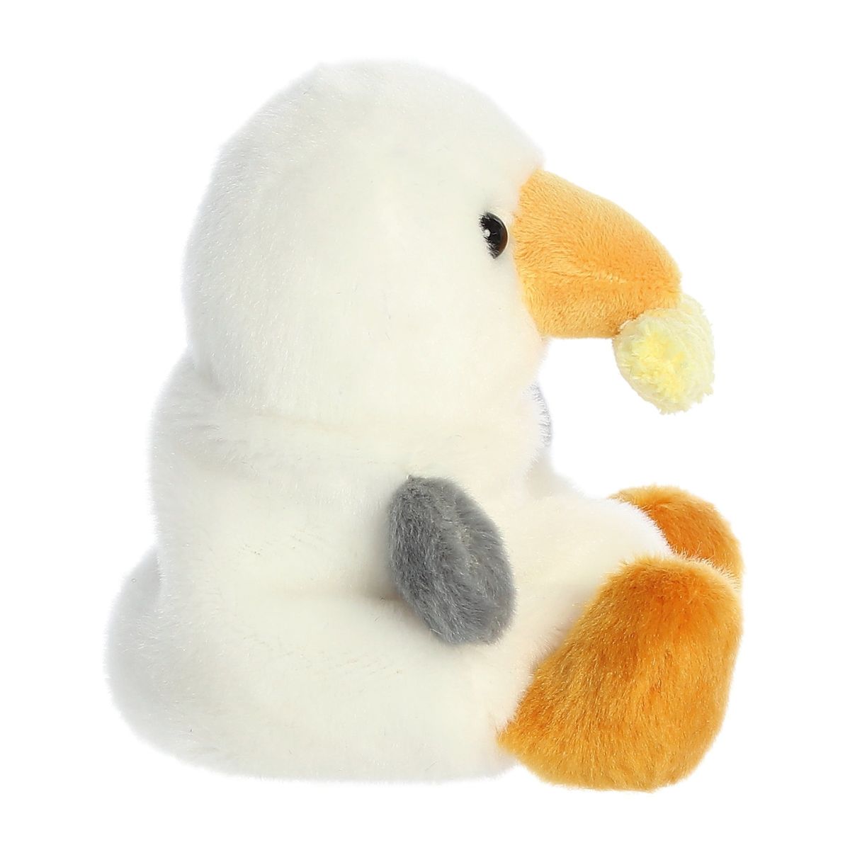 Side profile thumbnail of the mini seagull plush showcasing its plump rounded profile, gray wing, and the side view of the plush french fry.