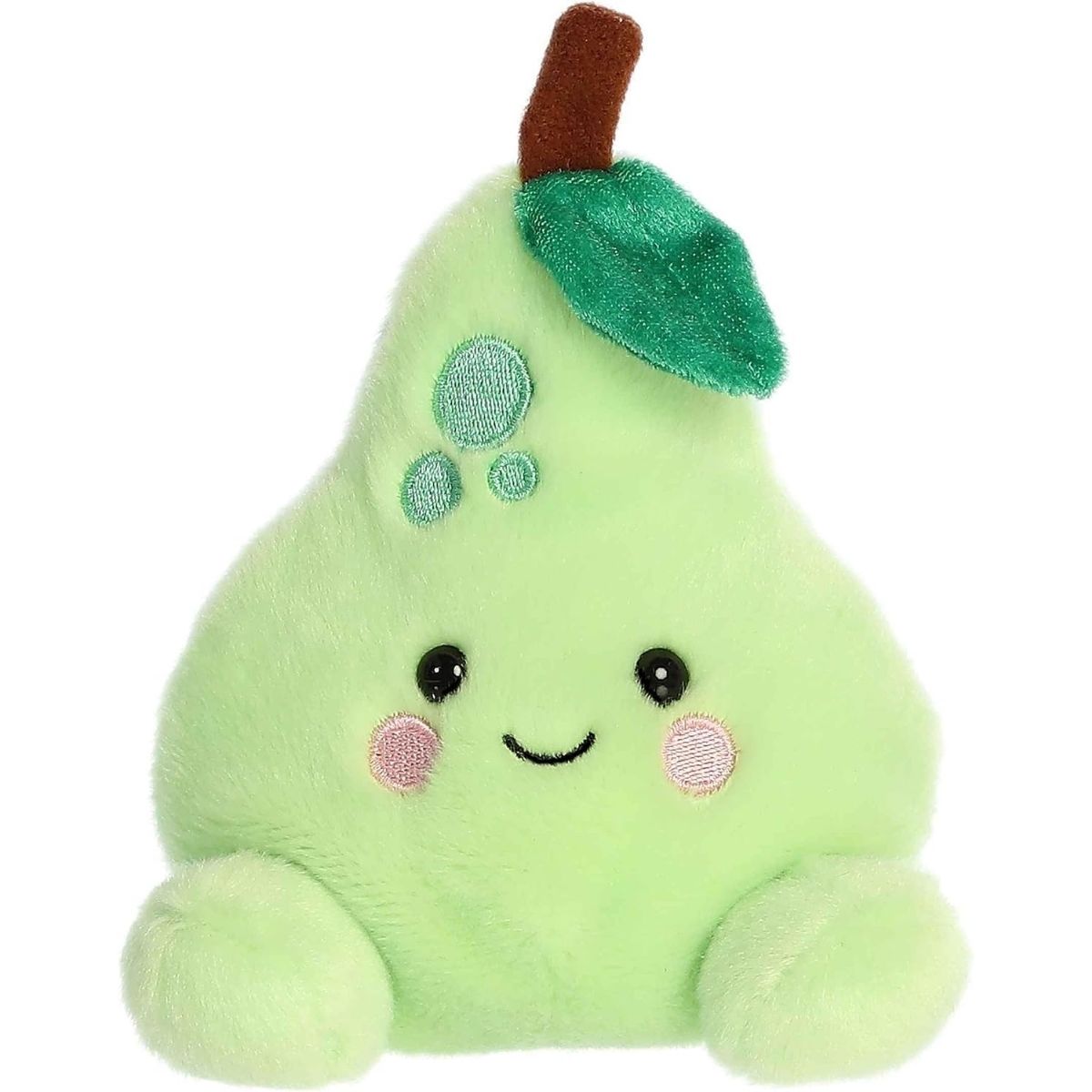 Front view thumbnail of the cute Bartlett Pear plush sitting straight, highlighting its three darker green spots, rosy cheeks, and small green feet.
