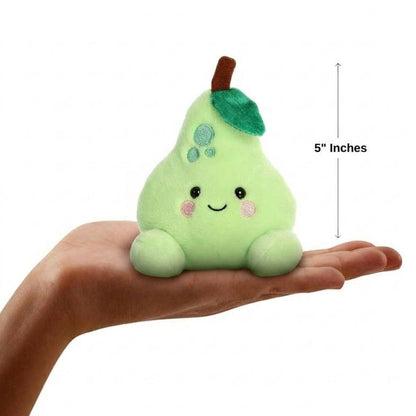 The miniature Bartlett Pear plush sitting balanced in an open human hand under a 5-inch height graphic indicator.