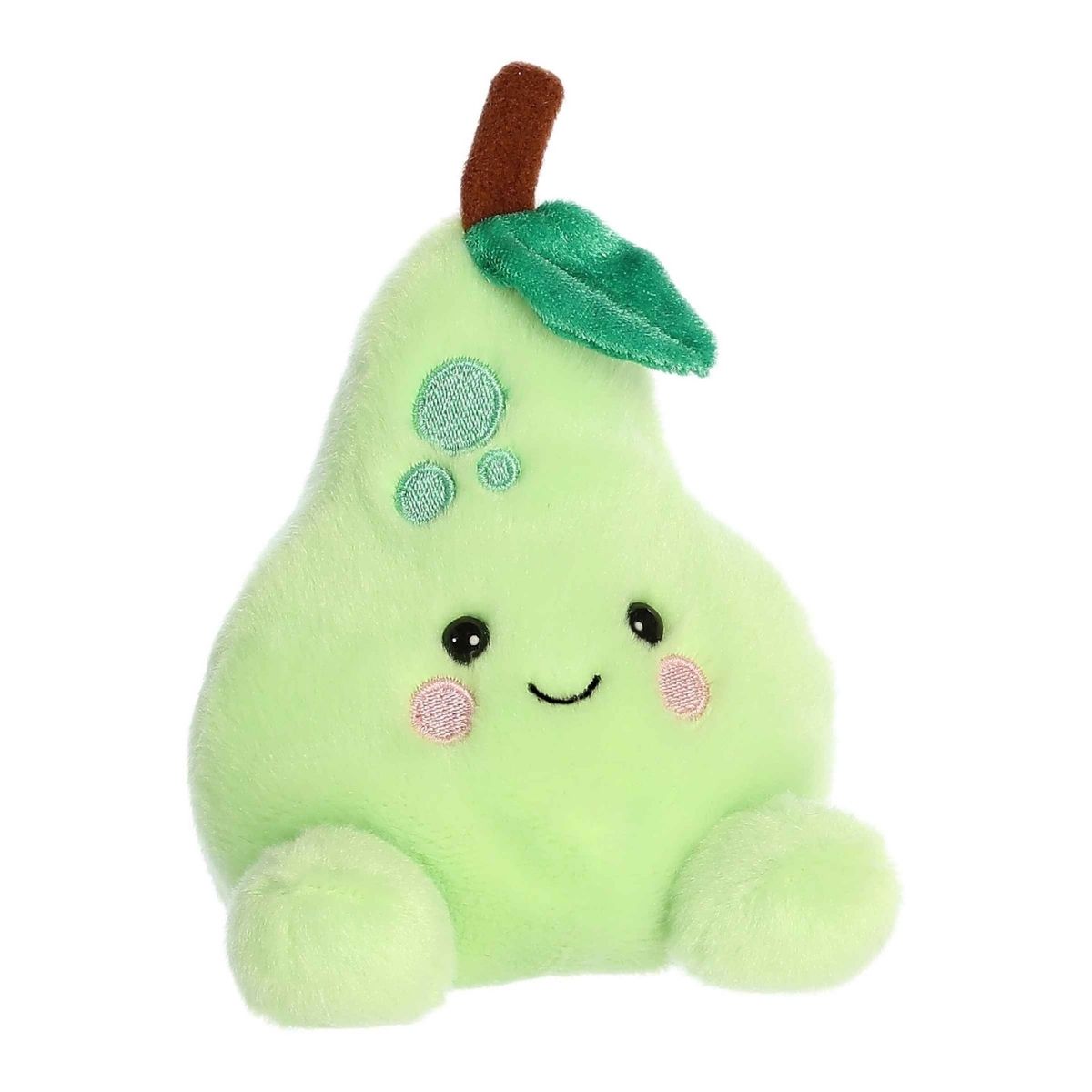 Aurora 5-inch Palm Pals Bartlett Pear plush toy showing its light lime-green pear-shaped body, brown stem, green leaf, and a sweet smiling face with blushing cheeks.