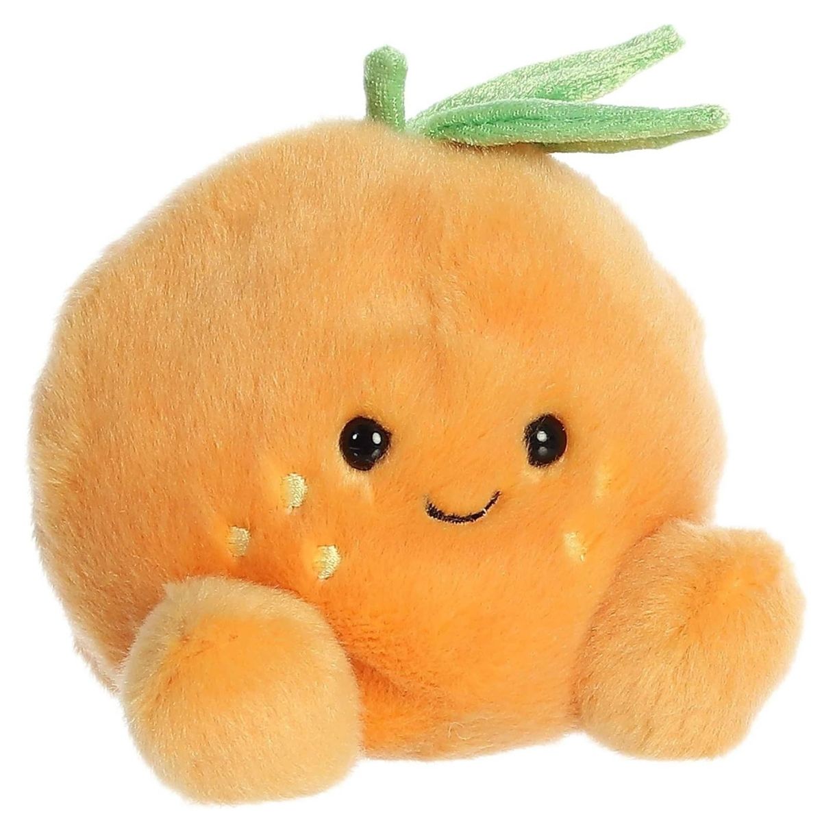 Angled view of the Aurora Palm Pals 5-inch Tangie Orange plush sitting upright, showing its bright orange body, green leaves, and little feet.
