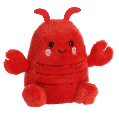 Aurora 5-inch Palm Pals Clawford Lobster plush toy showing its bright red body, two outstretched claws, stitched belly segments, and a cute smiling face with blushing cheeks.