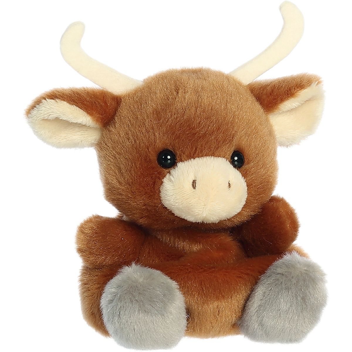 Aurora 5-inch Palm Pals Landon Longhorn plush toy sitting at an angle showing its brown body, large curved cream horns, beige snout, and grey hooves.
