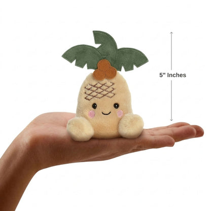The miniature Breezy Palm Tree plush sitting balanced in an open human hand under a 5-inch height graphic indicator.