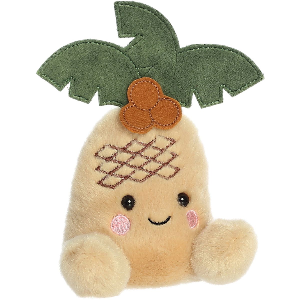 Front view thumbnail of the cute Breezy Palm Tree plush sitting straight, highlighting its happy embroidered smile and rosy pink cheeks.