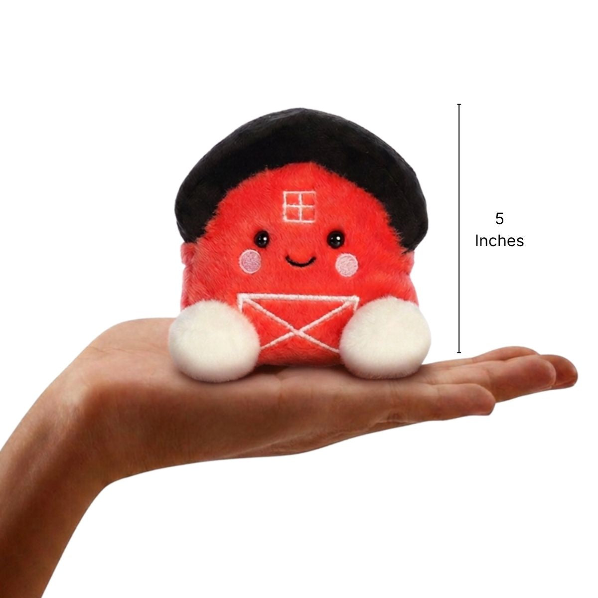 The miniature Oakley Barn plush sitting balanced in an open human hand under a 5-inch height graphic indicator.