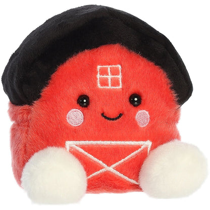 Aurora 5-inch Palm Pals Oakley Barn plush toy showing its vibrant red barn shape, black roof, embroidered white window and doors, and fluffy white feet.